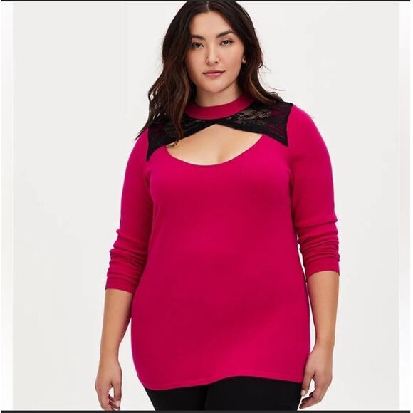 Torrid Pink And Black Lace Keyhole Sweater Size 1X - Picture 1 of 6